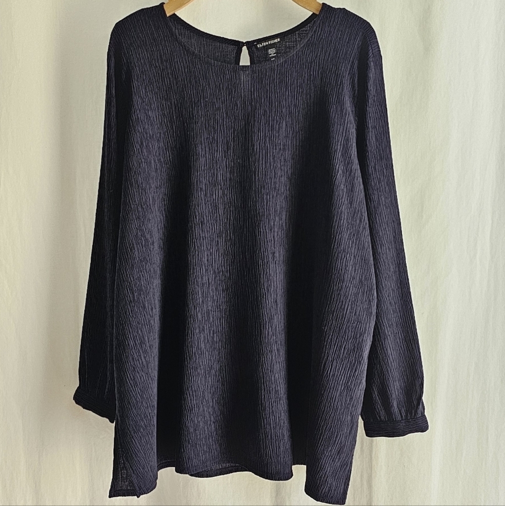 Eileen Fisher Navy Blue Crepe Crinkle Gauze Tencel Blouse